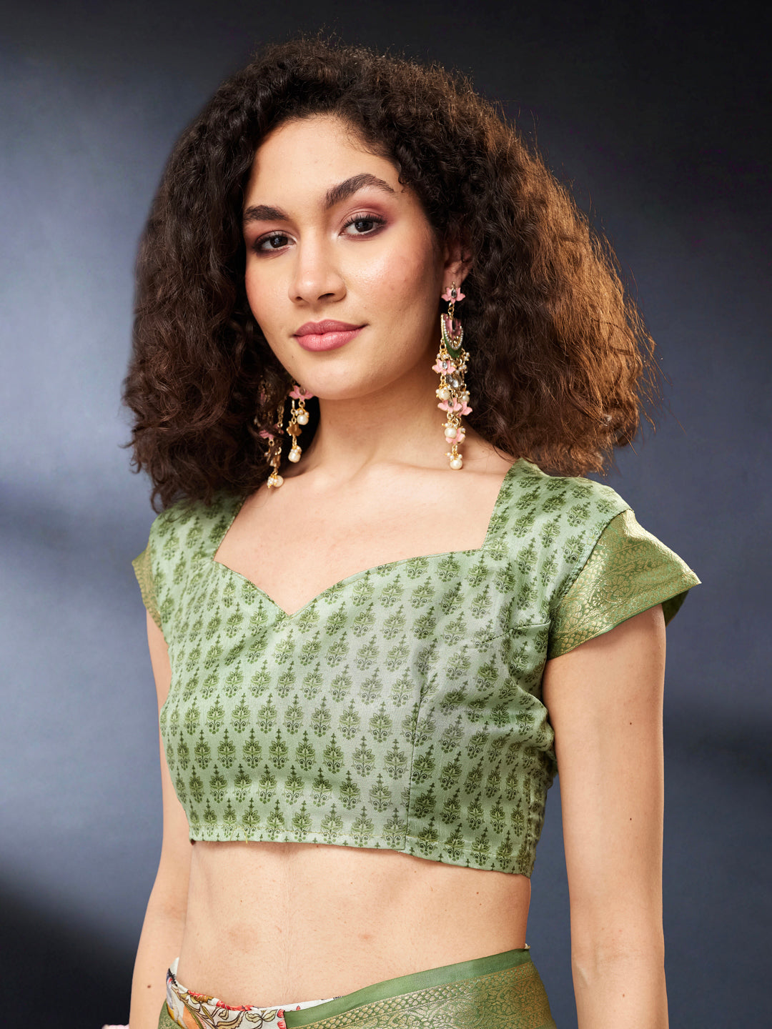 Janasya Women's Light Green Silk Blend Ready To Wear Ethnic Printed Saree With Unstitched Blouse