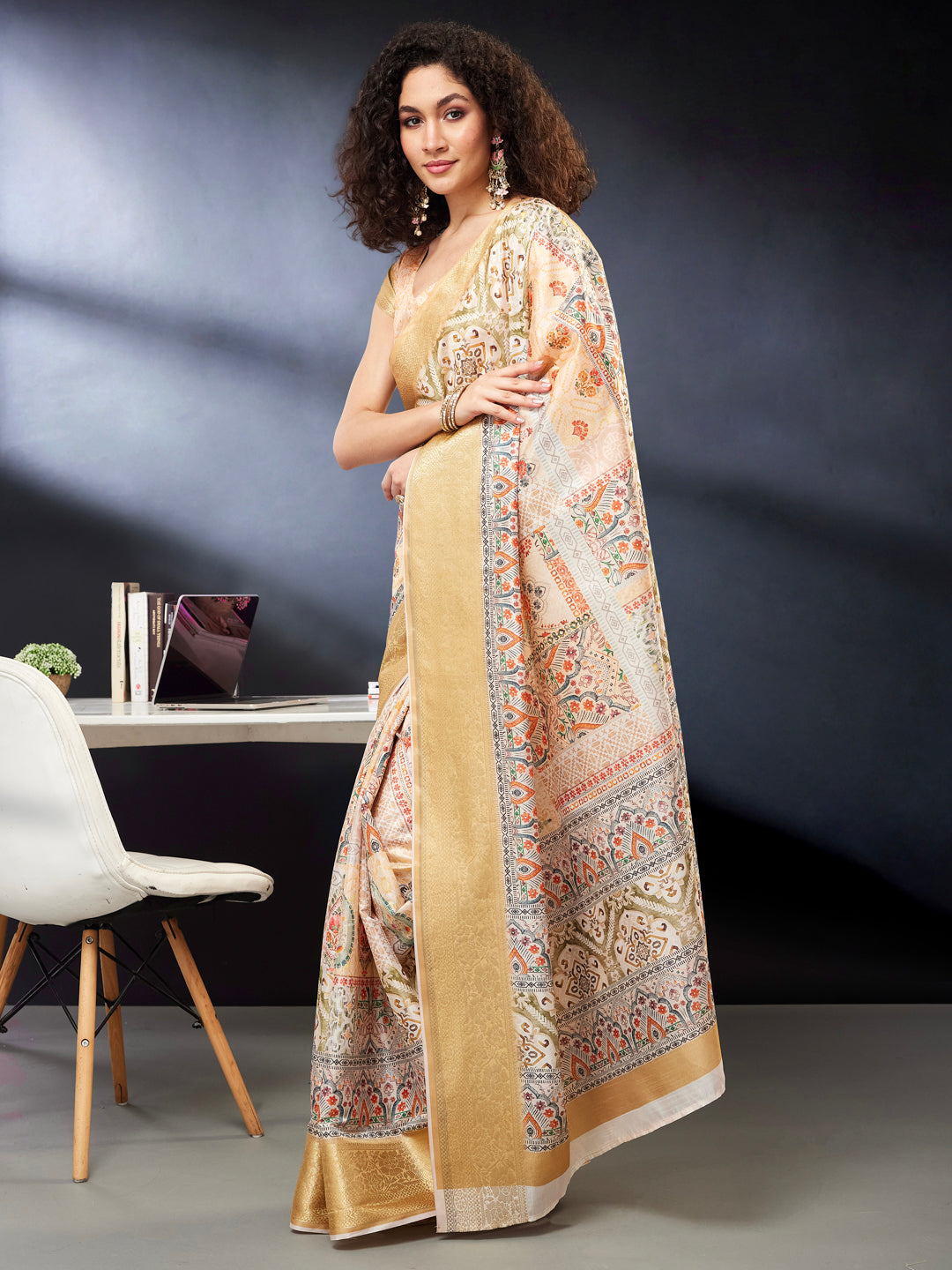 Janasya Women's Multicolor Silk Blend Ready To Wear Floral Printed Saree With Unstitched Blouse