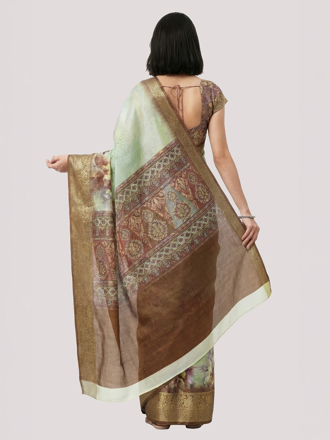 Janasya Women's Sage Green Silk Blend Ready To Wear Floral Printed Saree With Unstitched Blouse