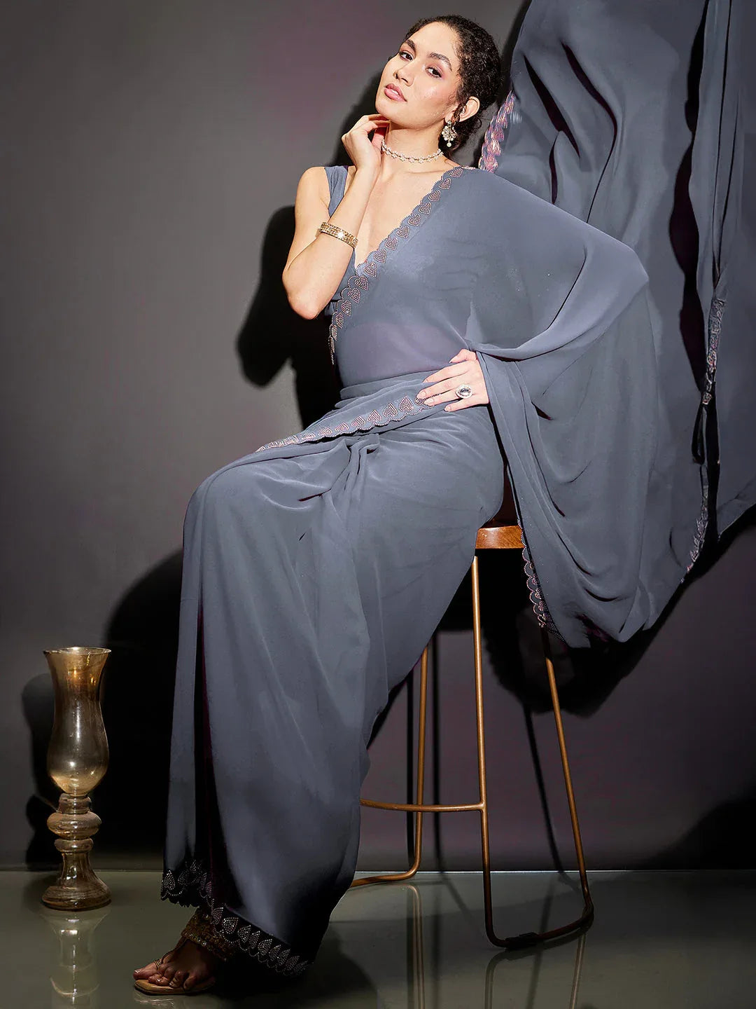 Janasya Women's Grey Georgette One-Minute Ready-to-Wear Embellished Saree with Unstitched Blouse