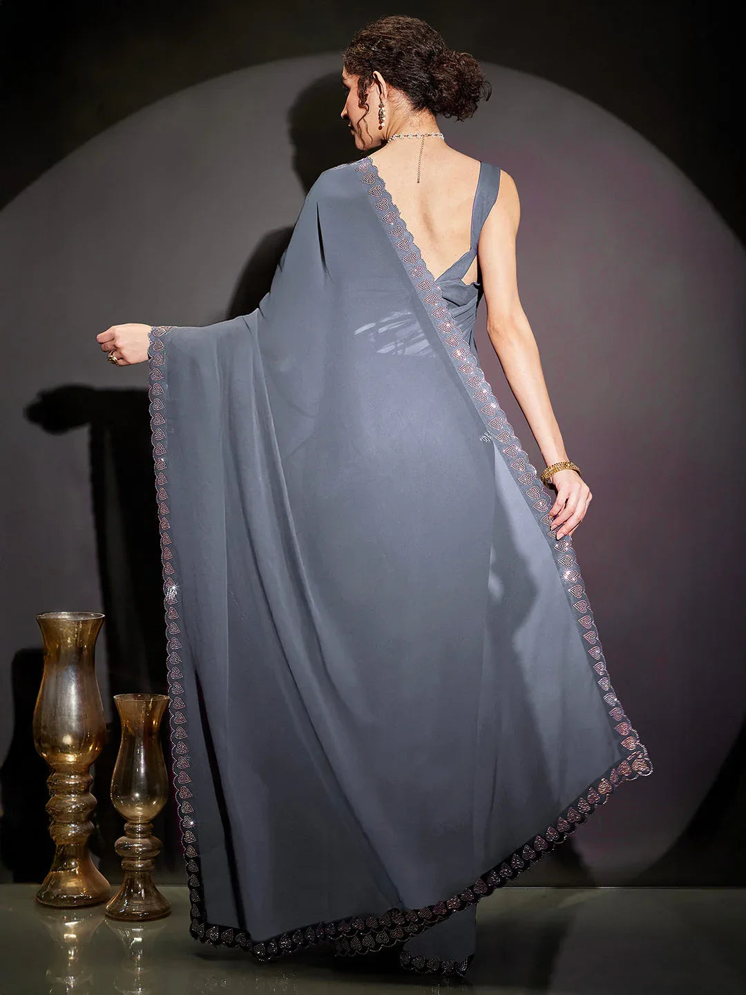 Janasya Women's Grey Georgette One-Minute Ready-to-Wear Embellished Saree with Unstitched Blouse