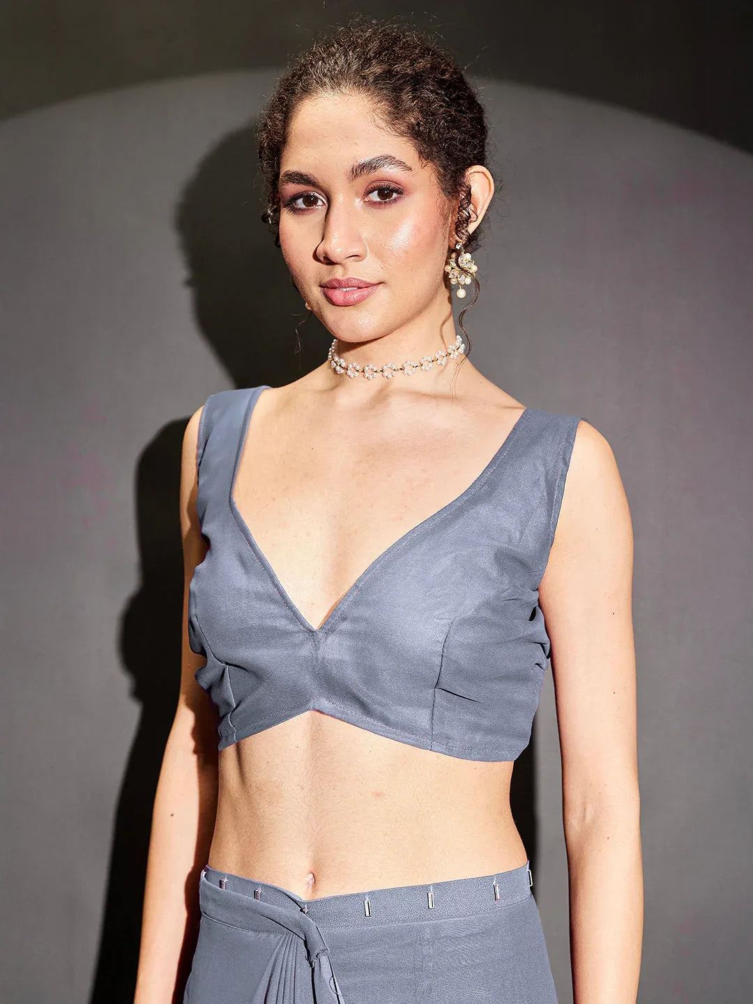 Janasya Women's Grey Georgette One-Minute Ready-to-Wear Embellished Saree with Unstitched Blouse