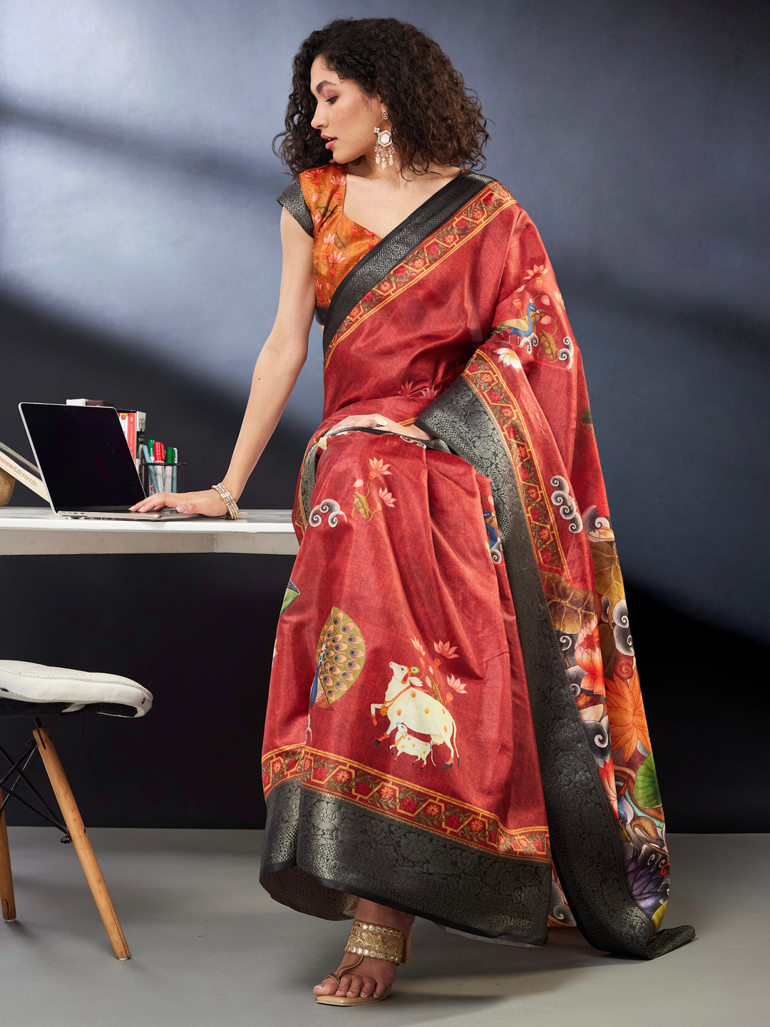 Janasya Women's Maroon Silk Blend Ready To Wear Pichwai Printed Saree With Unstitched Blouse