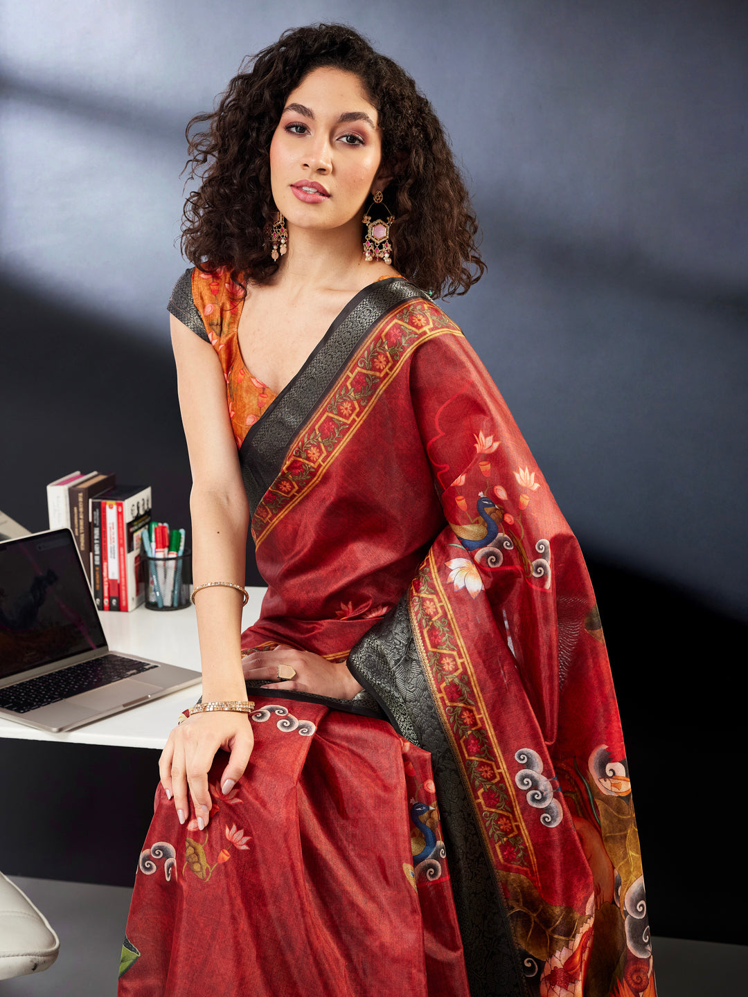 Janasya Women's Maroon Silk Blend Ready To Wear Pichwai Printed Saree With Unstitched Blouse