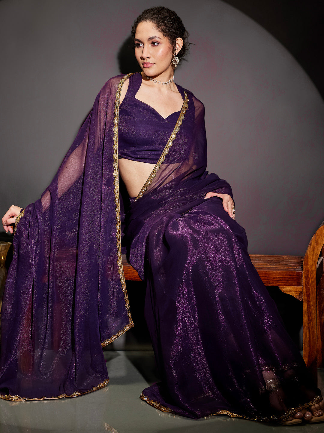 Janasya Women's Purple Silk Blend One-Minute Ready-to-Wear Embellished Shimmer Saree with Unstitched Blouse
