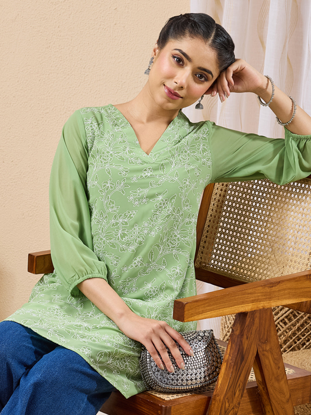 Janasya Women's Mint Green Georgette Floral Printed A-Line Tunic