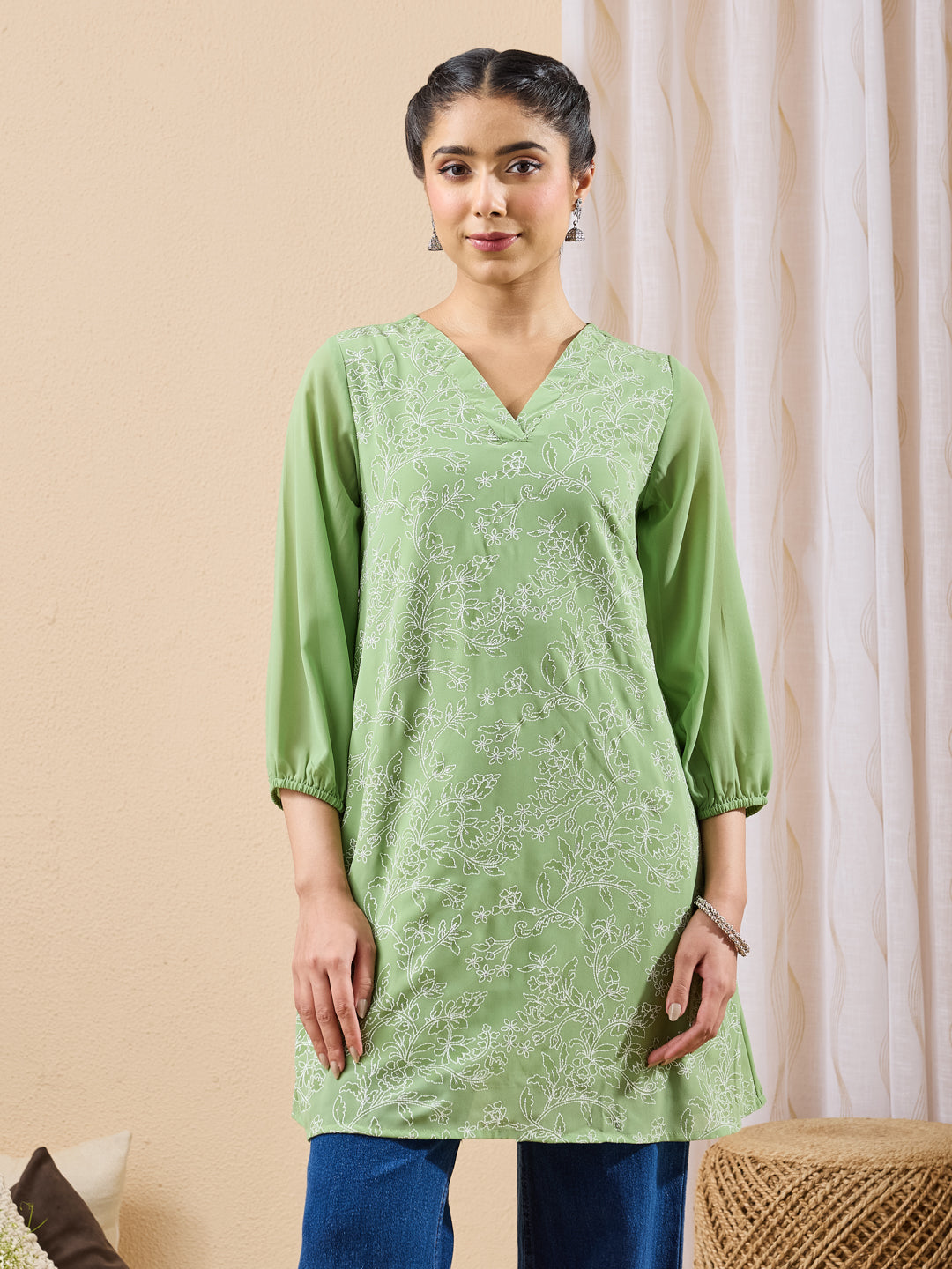 Janasya Women's Mint Green Georgette Floral Printed A-Line Tunic