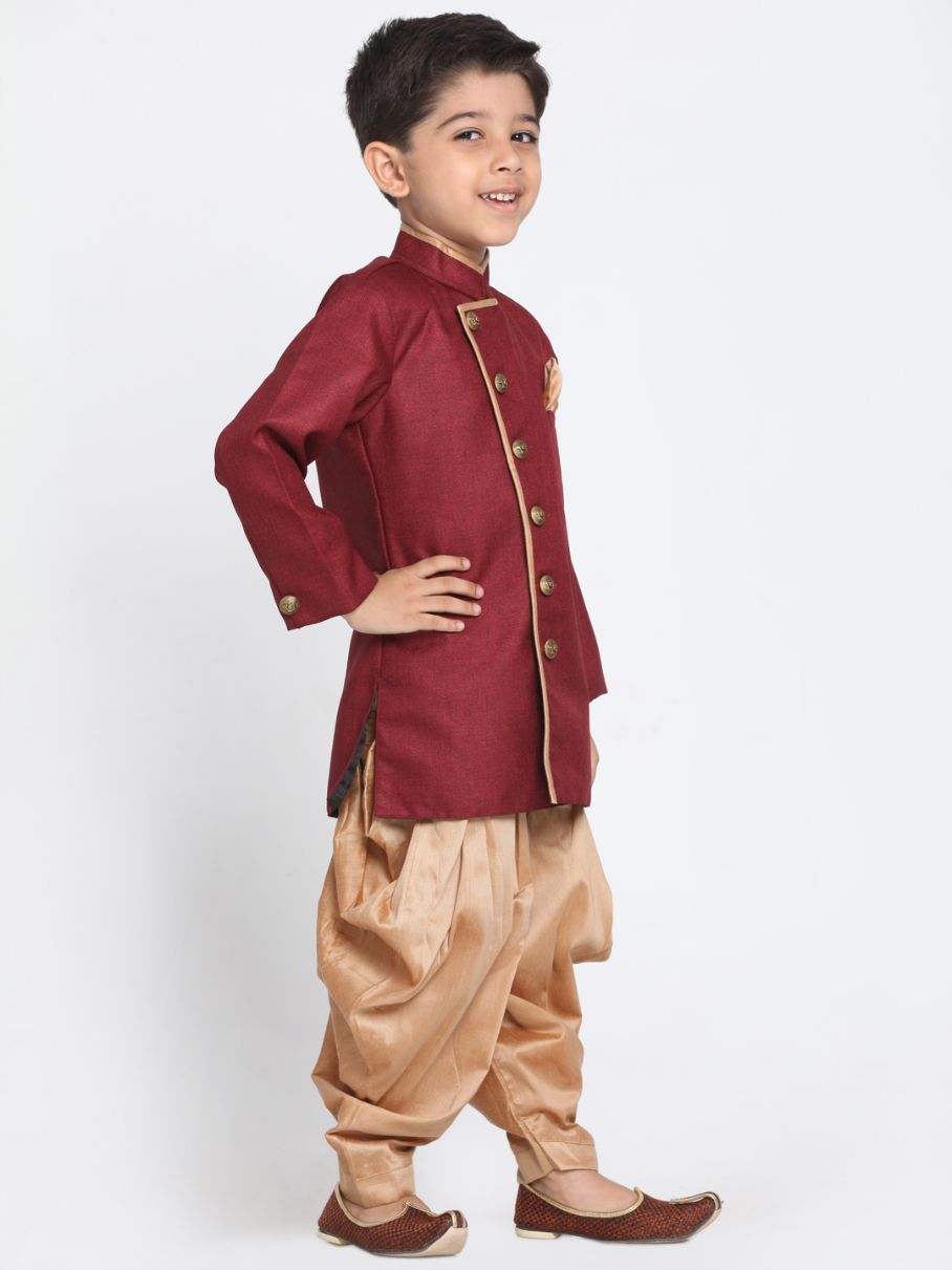 Vastramay Boys' Maroon Jute Silk Blend Sherwani Set - qivii