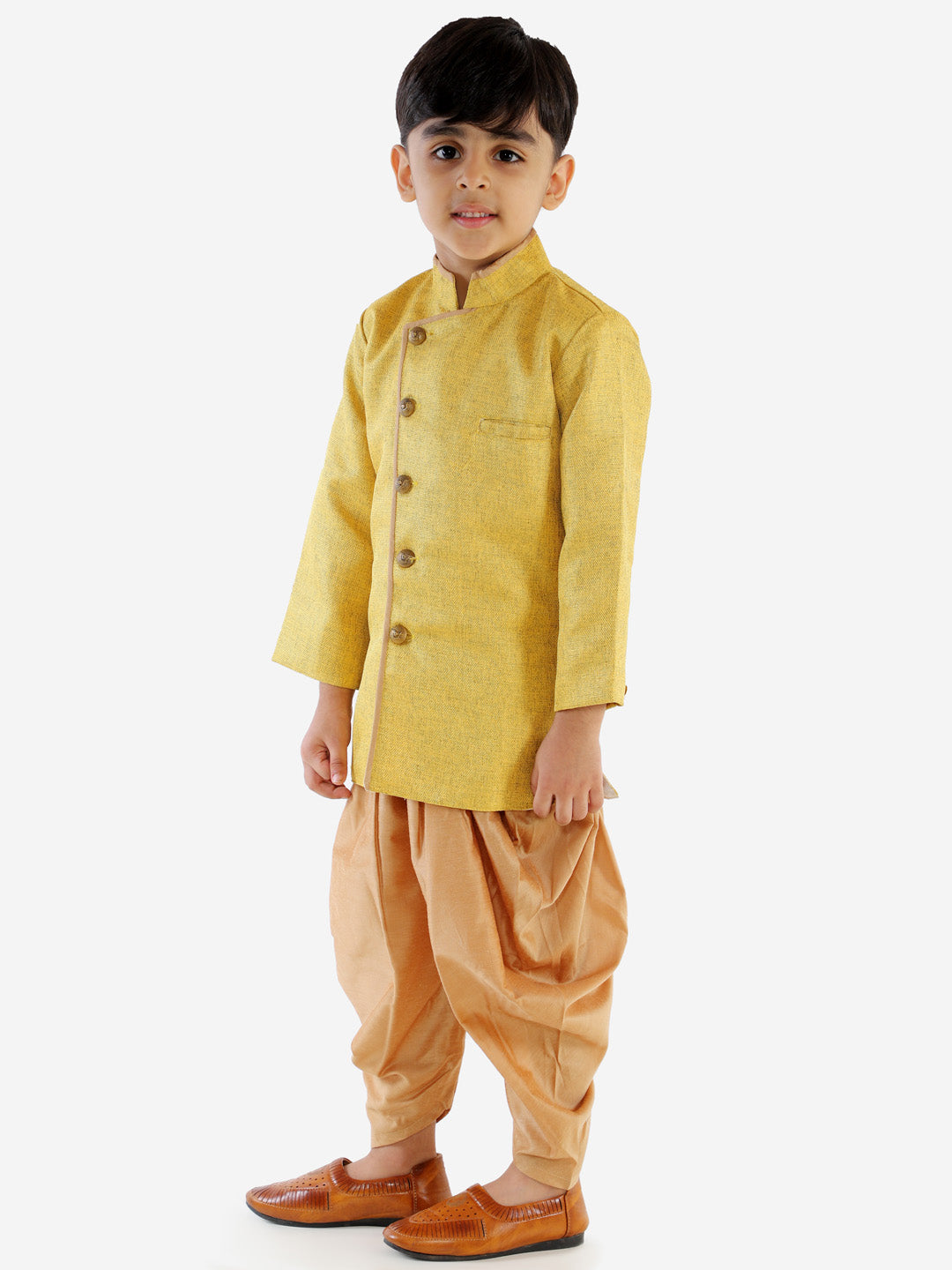 Vastramay Boy's Mustard Jute Silk Blend Sherwani Set - qivii