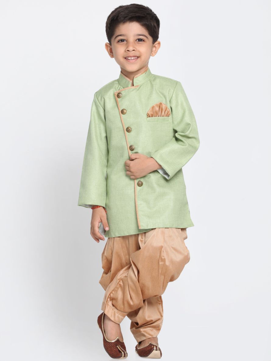 Vastramay Boy's Green Jute Silk Blend Sherwani Set - qivii