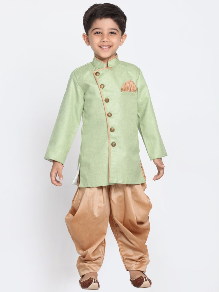 Vastramay Boy's Green Jute Silk Blend Sherwani Set - qivii