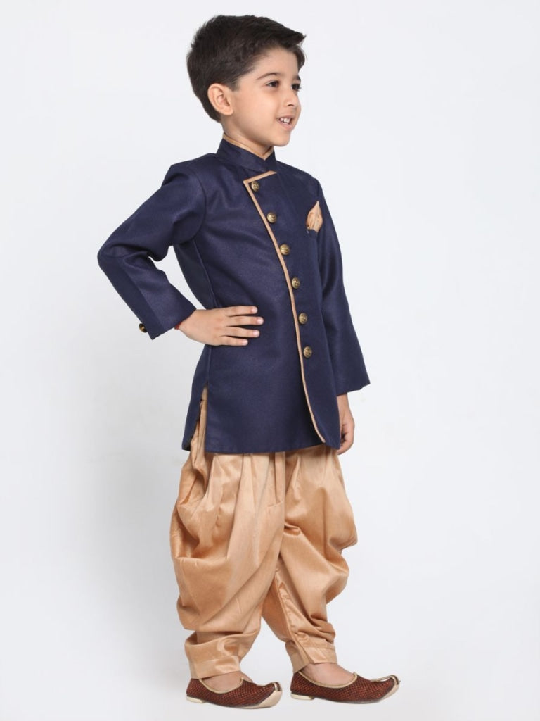 Vastramay Boy's Blue Jute Blend Sherwani Set - qivii
