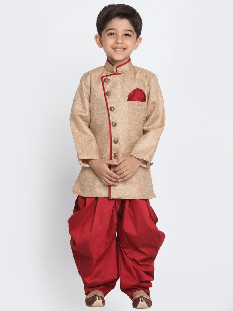 Vastramay Boy's Brown Jute Silk Blend Sherwani Set - qivii