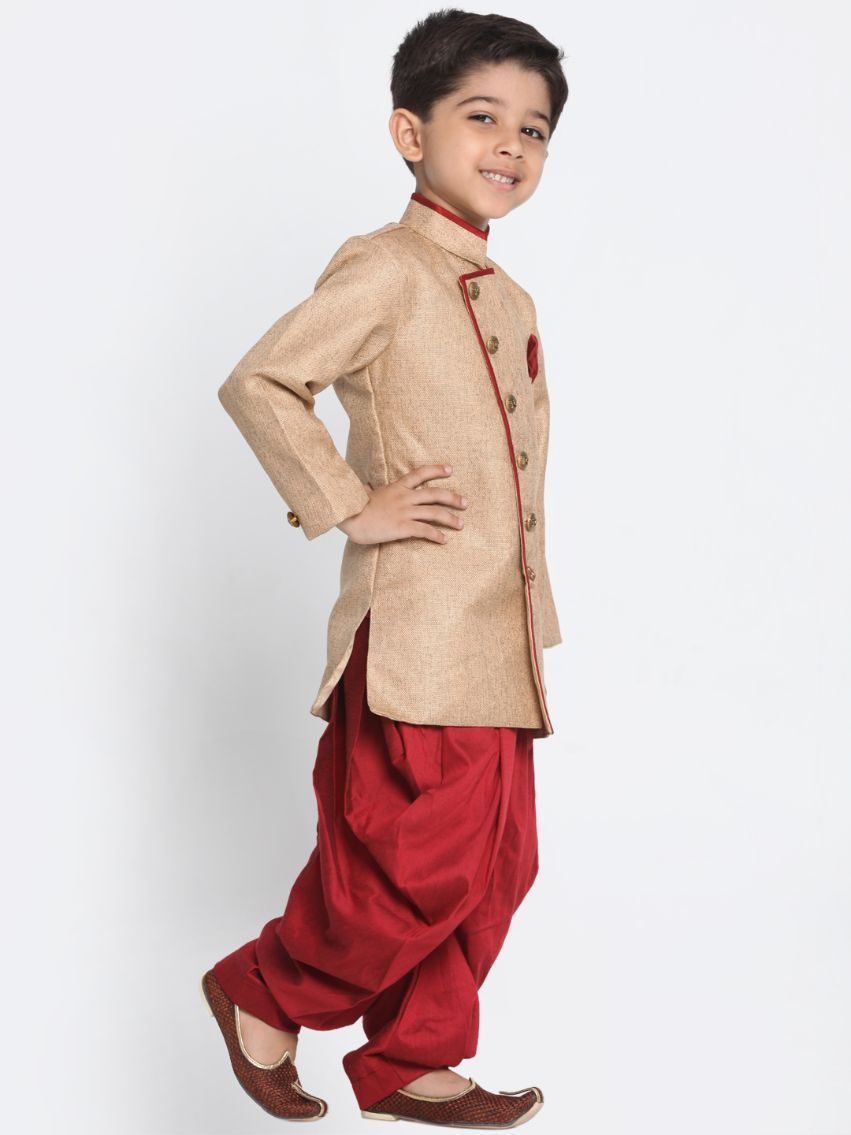 Vastramay Boy's Brown Jute Silk Blend Sherwani Set - qivii