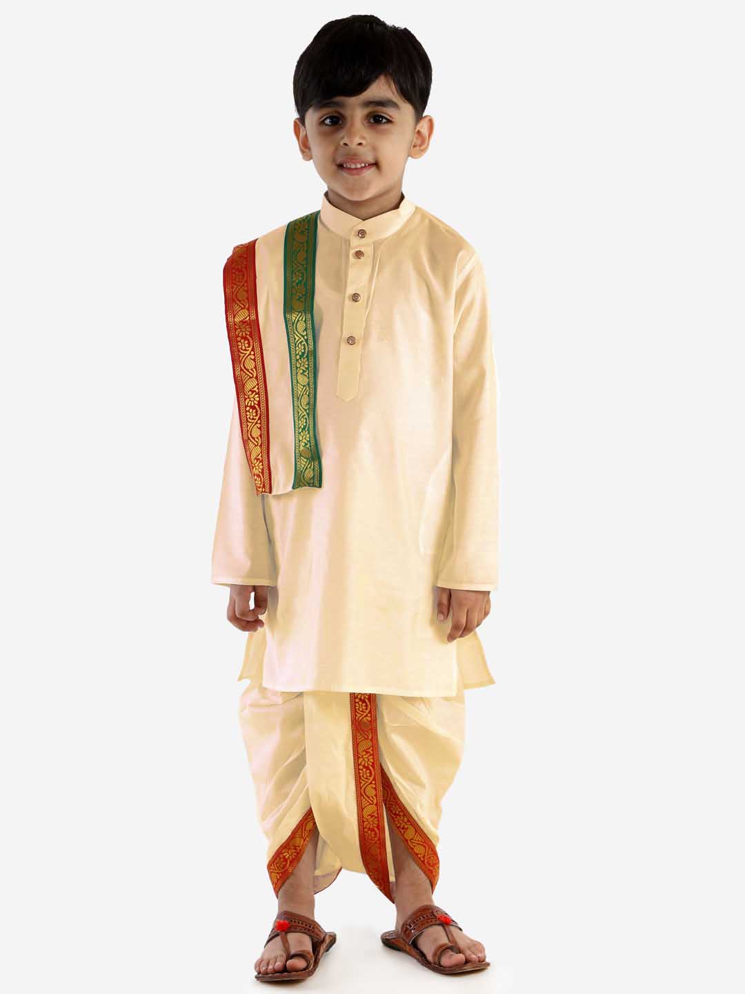 VASTRAMAY Boy's Cream Cotton Kurta Dhoti and Dupatta Set - qivii