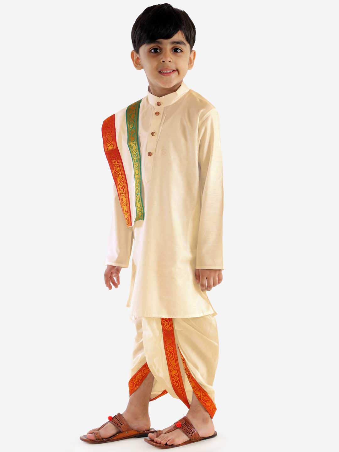 VASTRAMAY Boy's Cream Cotton Kurta Dhoti and Dupatta Set - qivii