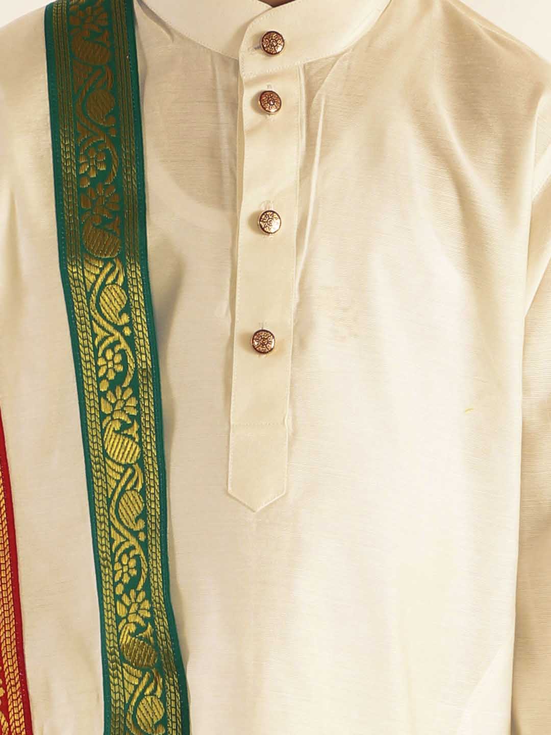VASTRAMAY Boy's Cream Cotton Kurta Dhoti and Dupatta Set - qivii