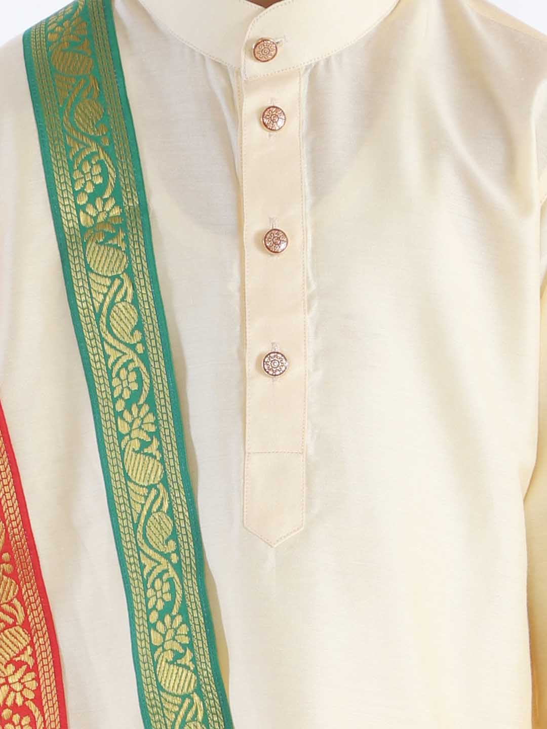 VASTRAMAY Boy's Gold Cotton Blend Kurta Dhoti and Dupatta Set - qivii