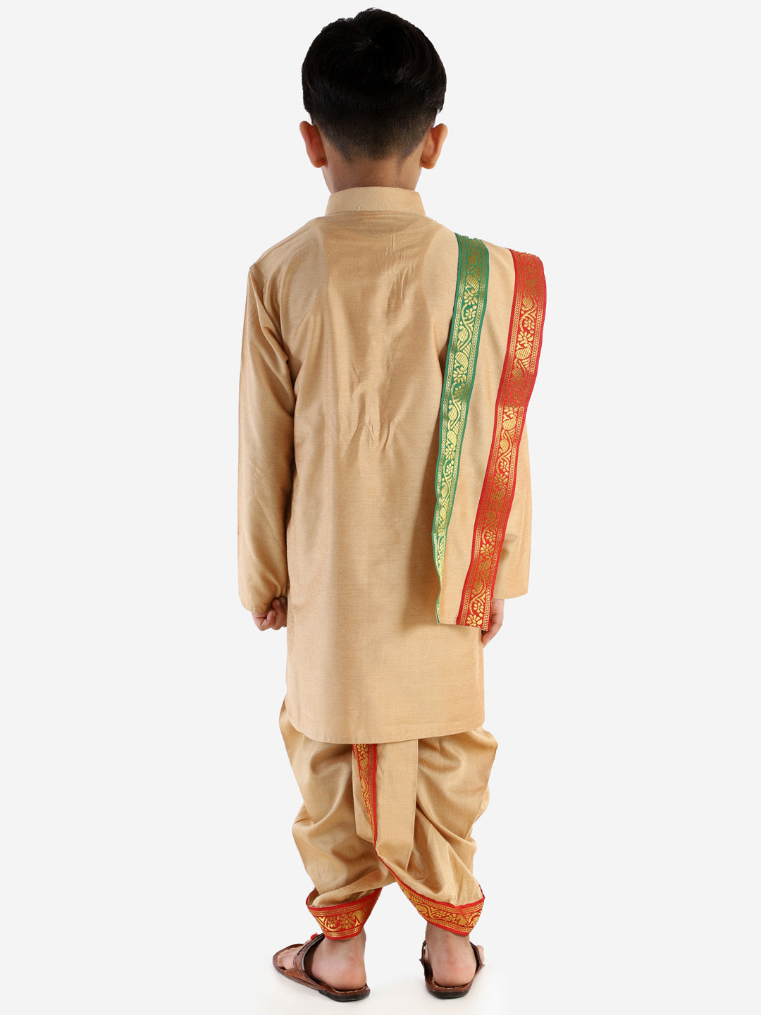 VASTRAMAY Boy's Rose Gold Cotton Blend Kurta Dhoti and Dupatta Set - qivii