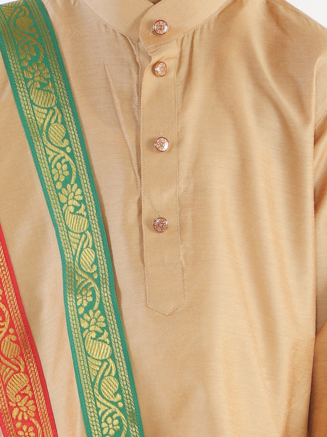 VASTRAMAY Boy's Rose Gold Cotton Blend Kurta Dhoti and Dupatta Set - qivii