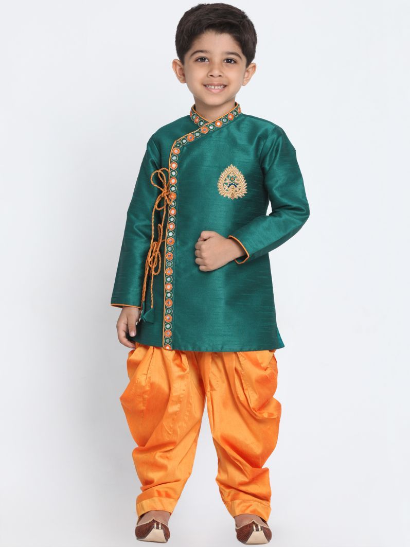 Vastramay Boy's Green Cotton Silk Blend Kurta and Dhoti Set - qivii