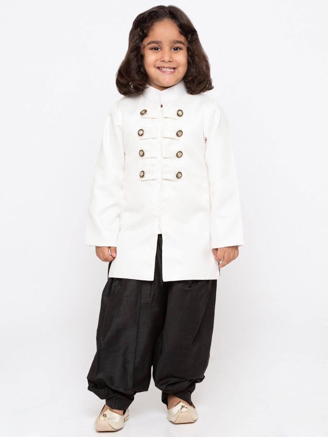 Vastramay Boy's White & Black Solid Slim-Fit Sherwani Set - qivii