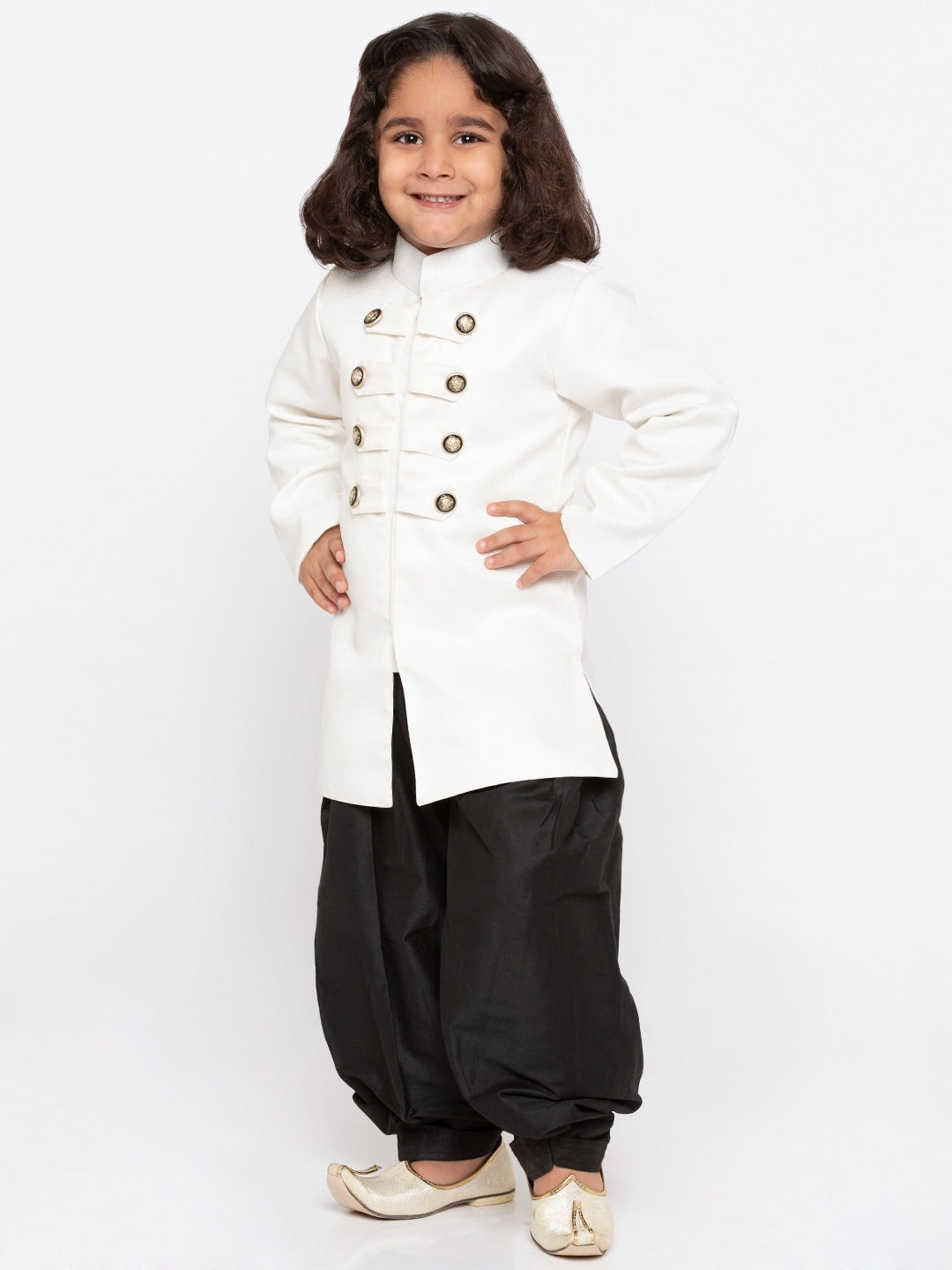 Vastramay Boy's White & Black Solid Slim-Fit Sherwani Set - qivii