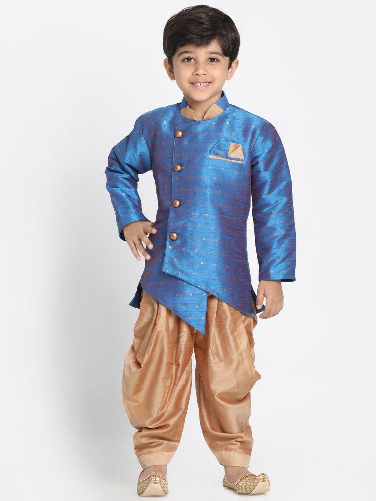 Vastramay Boys' Light Blue Cotton Silk Blend Kurta and Dhoti Set - qivii