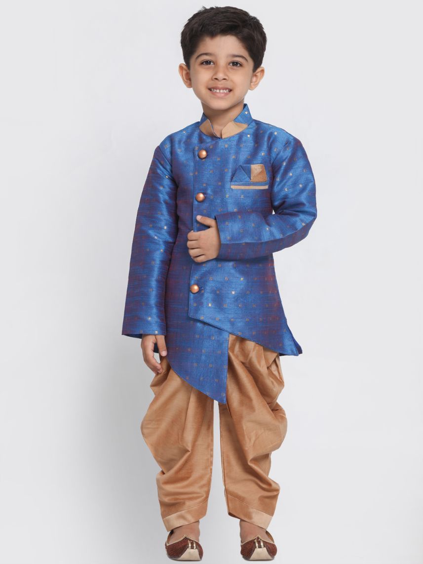 Vastramay Boys' Blue Cotton Silk Blend Kurta and Dhoti Set - qivii