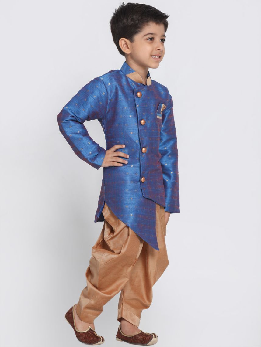 Vastramay Boys' Blue Cotton Silk Blend Kurta and Dhoti Set - qivii