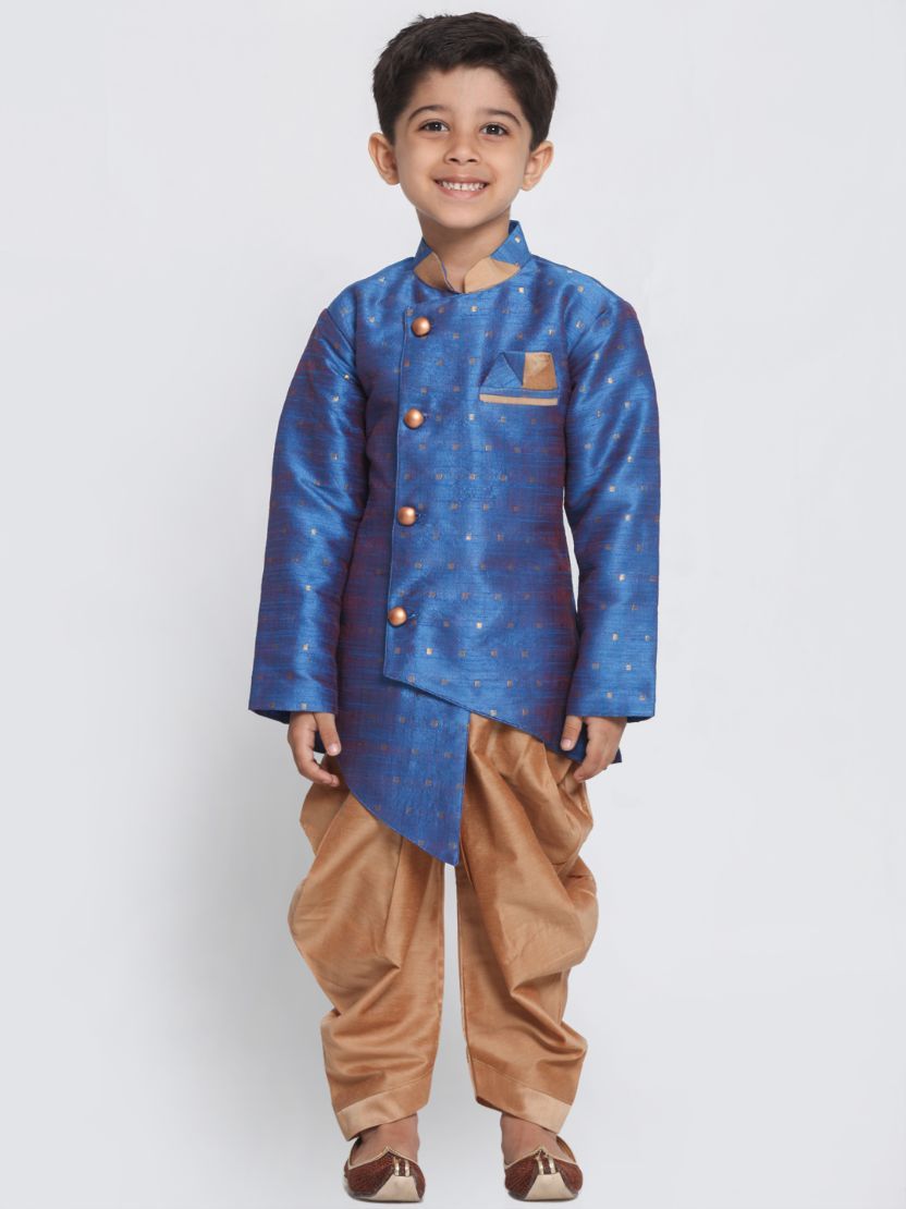 Vastramay Boys' Blue Cotton Silk Blend Kurta and Dhoti Set - qivii