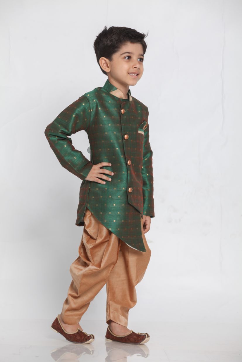 Vastramay Boys' Green Cotton Silk Blend Kurta and Dhoti Set - qivii