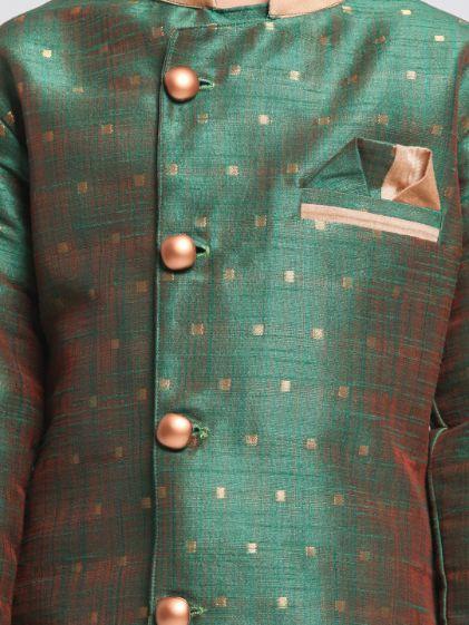 Vastramay Boys' Green Cotton Silk Blend Kurta and Dhoti Set - qivii