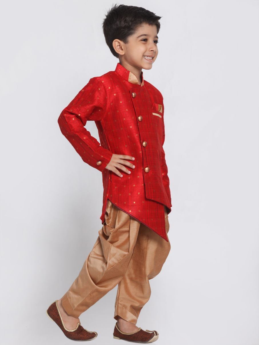 Vastramay Boys' Maroon Cotton Silk Blend Kurta and Dhoti Set - qivii