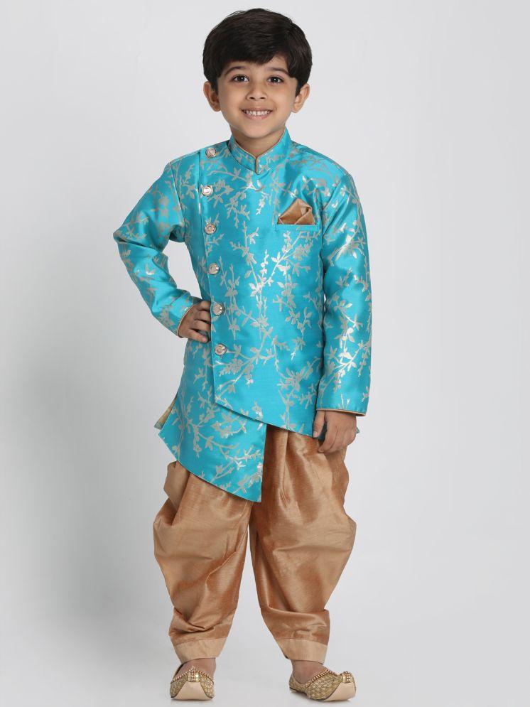 VASTRAMAY Boys' Light Blue Cotton Silk Blend Sherwani and Dhoti Set - qivii