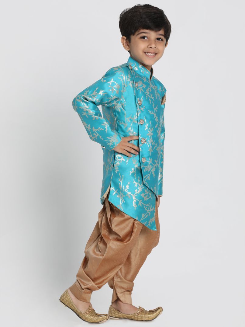 VASTRAMAY Boys' Light Blue Cotton Silk Blend Sherwani and Dhoti Set - qivii