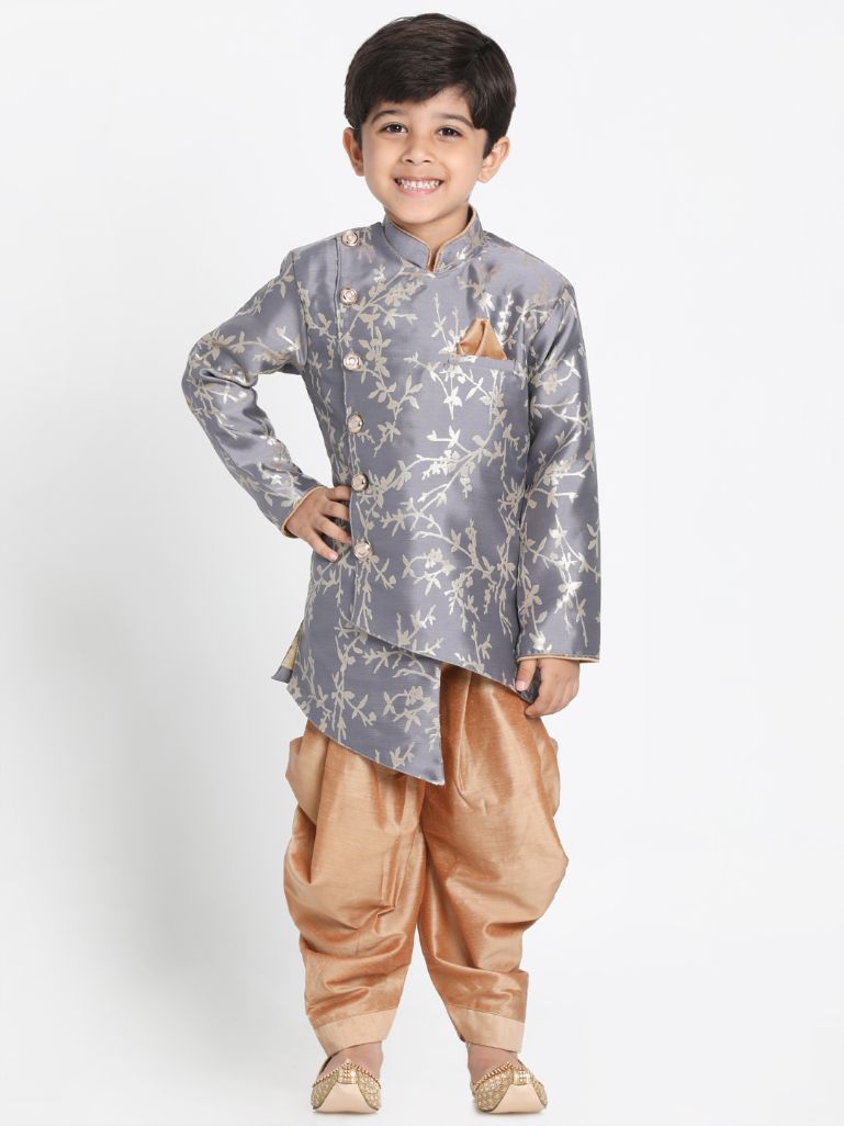 VASTRAMAY Boys' Grey Cotton Silk Blend Kurta and Dhoti Set - qivii