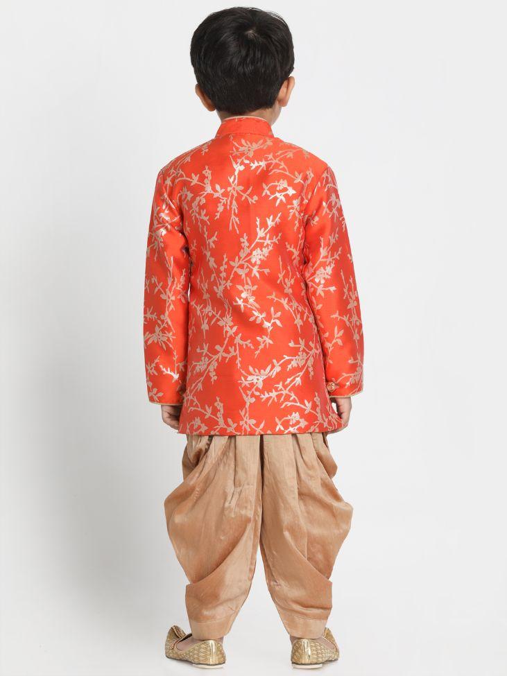 VASTRAMAY Boys' Orange Cotton Silk Blend Kurta and Dhoti Set - qivii