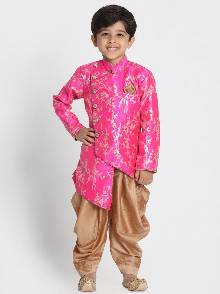 VASTRAMAY Boys' Pink Cotton Silk Blend Kurta and Dhoti Set - qivii
