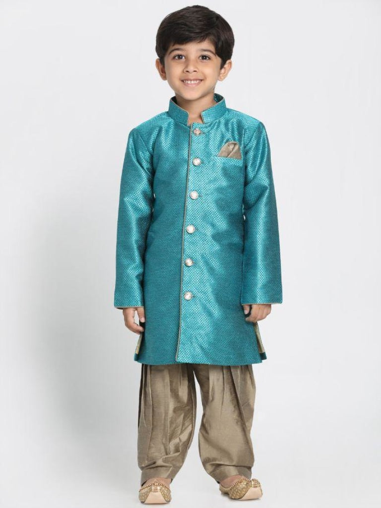 Boys' Green Jute Silk Blend Sherwani Set - qivii