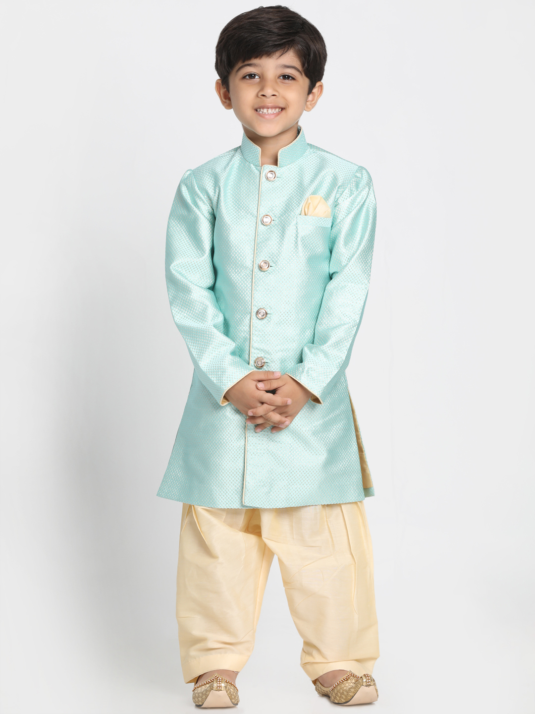 Boys' Mint Green Jute Silk Blend Sherwani Set - qivii