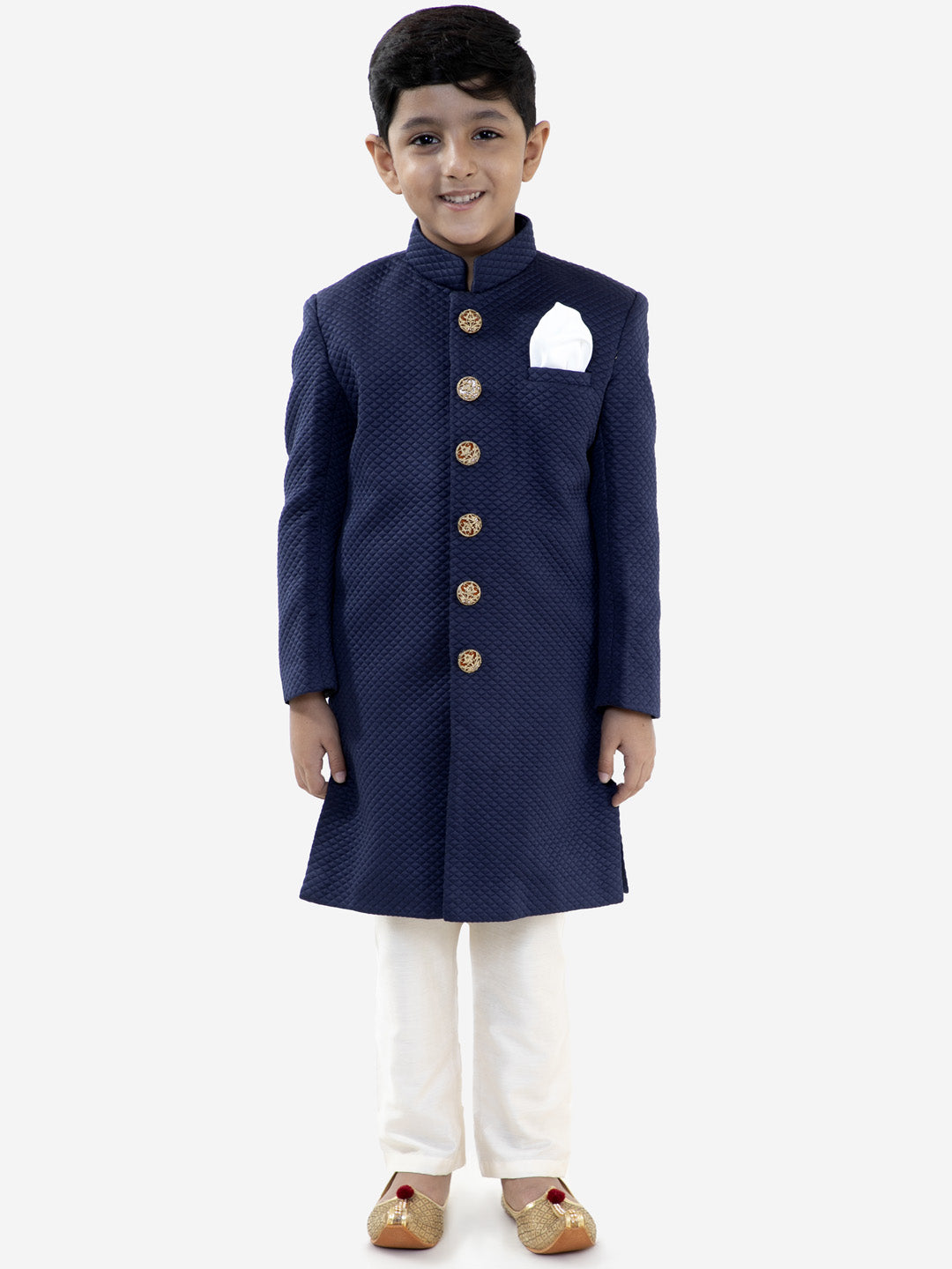 VASTRAMAY Boys Navy Blue Quilted Indowestern Sherwani and Churidar Set - qivii
