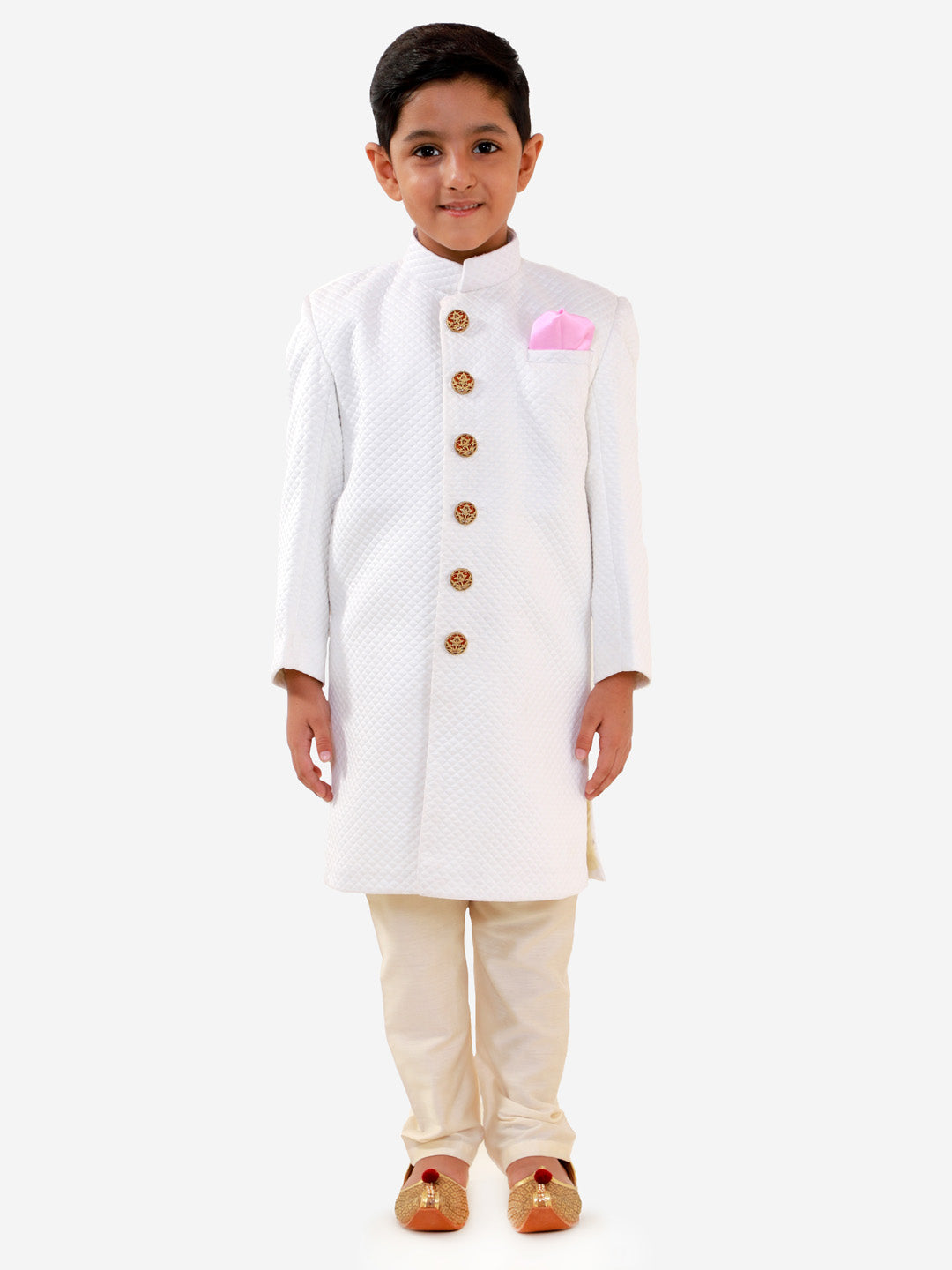 VASTRAMAY Boys White Quilted Indowestern Sherwani and Churidar Set - qivii