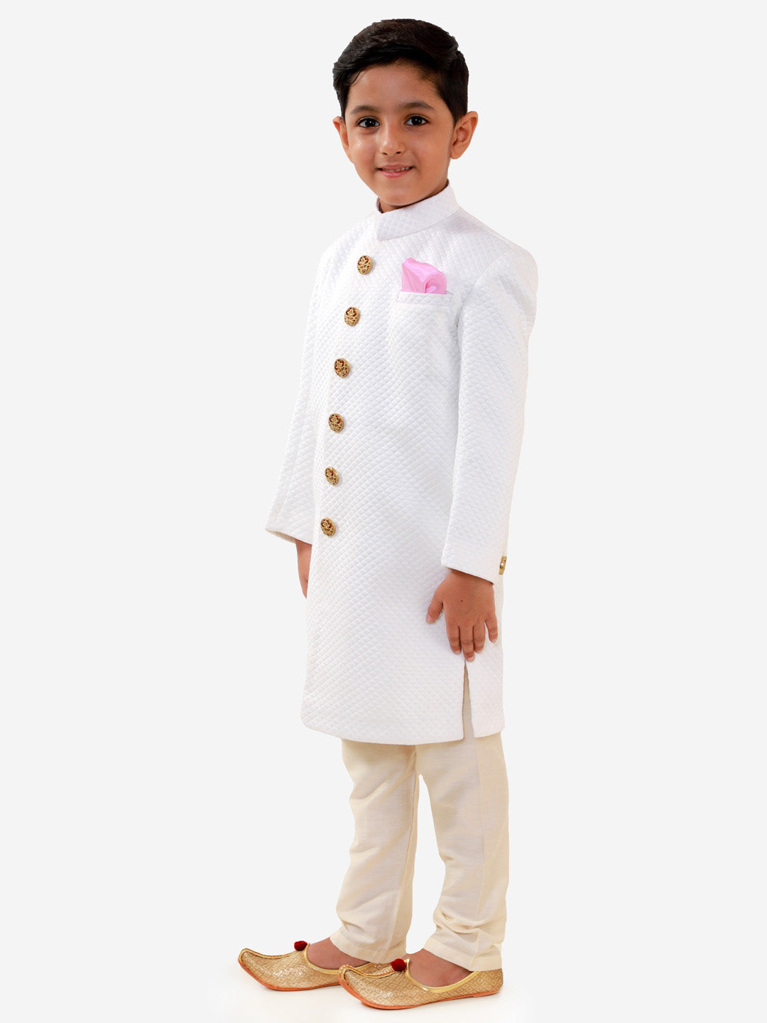 VASTRAMAY Boys White Quilted Indowestern Sherwani and Churidar Set - qivii