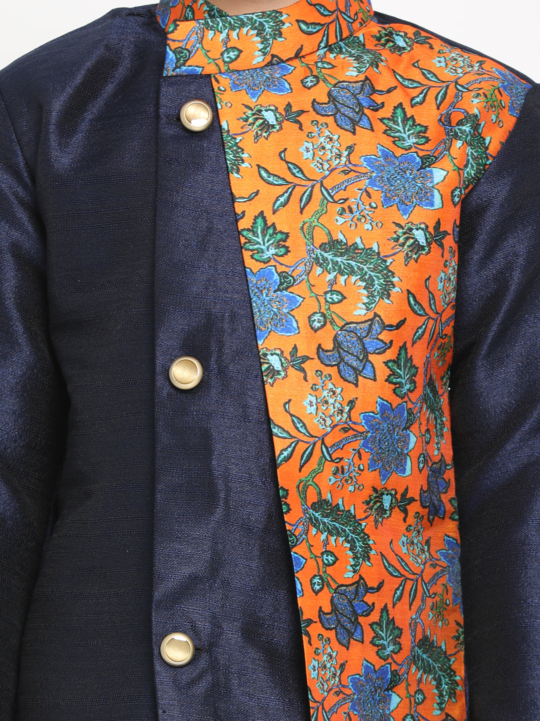 VASTRAMAY Boys Multicolor-Base-Navy Blue Silk Blend Kurta and Patiala Set - qivii