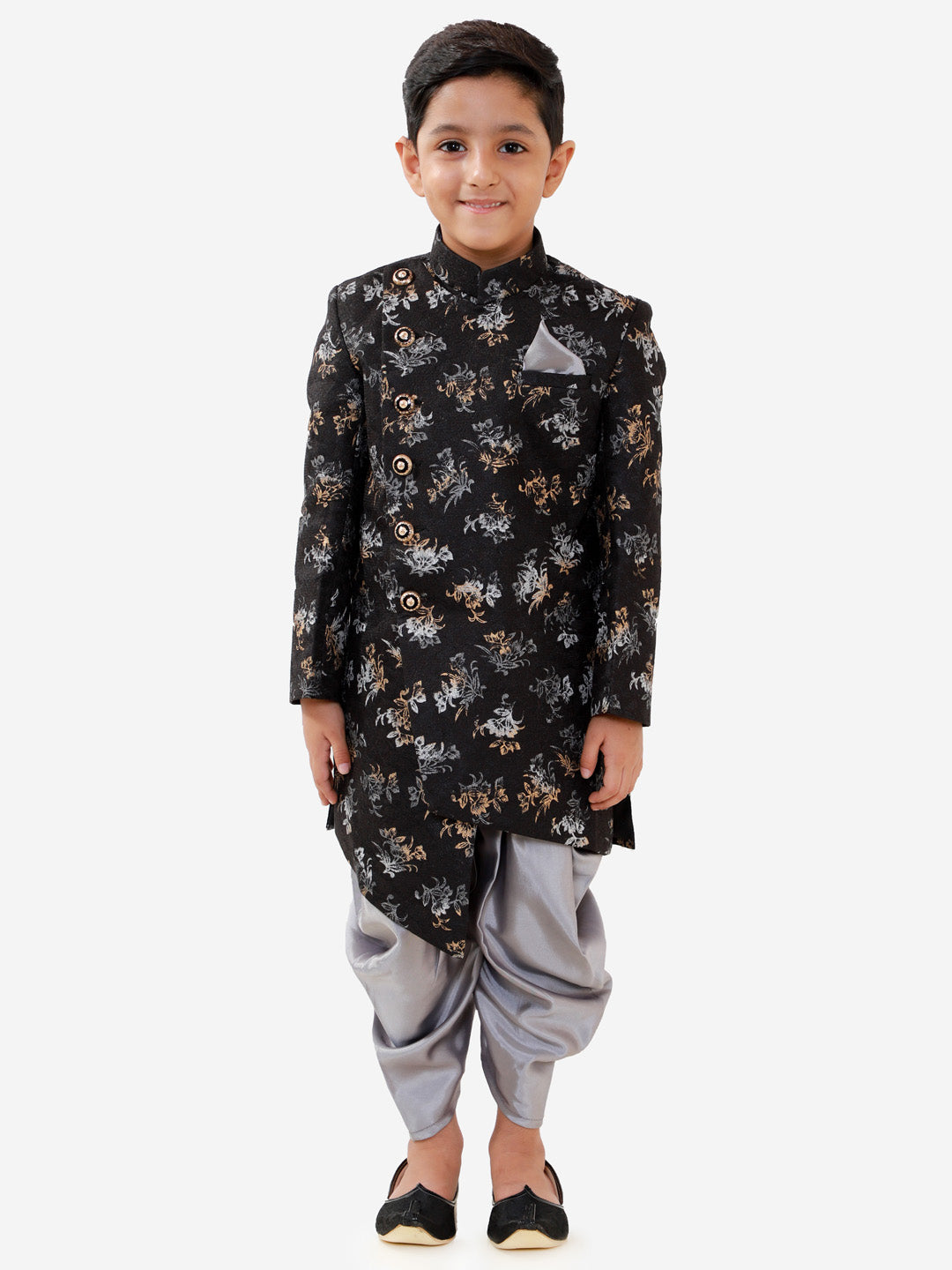 VASTRAMAY Boys Black And Grey Angrakha Style Indowestern Sherwani And Dhoti Set - qivii