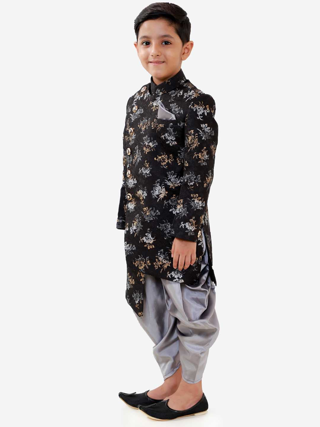 VASTRAMAY Boys Black And Grey Angrakha Style Indowestern Sherwani And Dhoti Set - qivii
