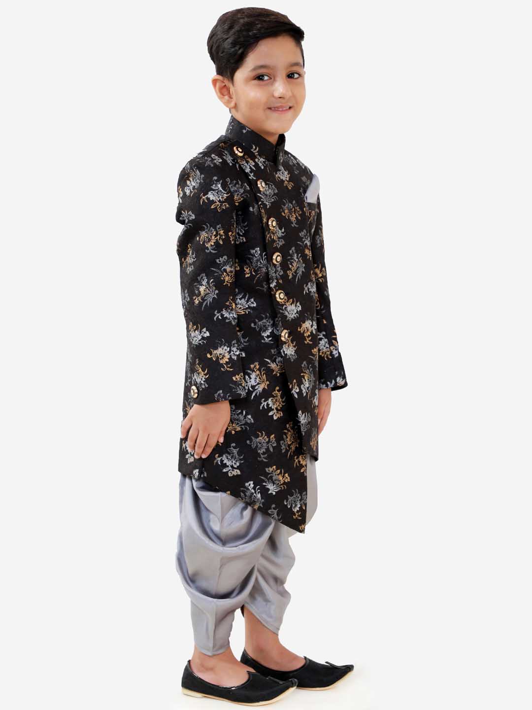 VASTRAMAY Boys Black And Grey Angrakha Style Indowestern Sherwani And Dhoti Set - qivii