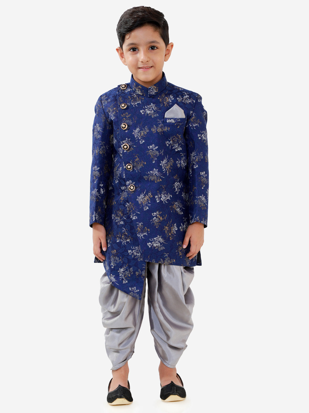 VASTRAMAY Boys Blue And Grey Angrakha Style Indowestern Sherwani And Dhoti Set - qivii