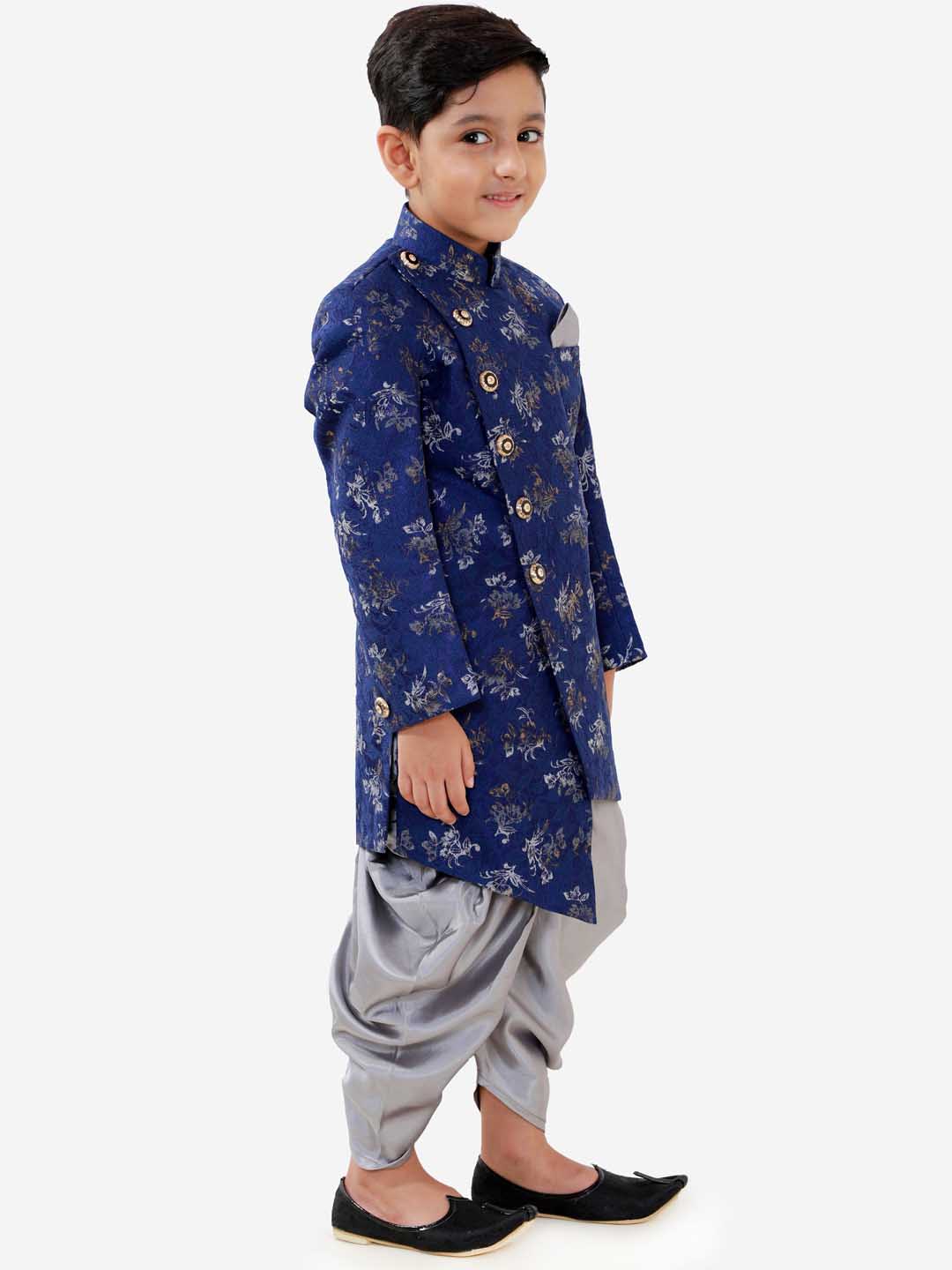 VASTRAMAY Boys Blue And Grey Angrakha Style Indowestern Sherwani And Dhoti Set - qivii